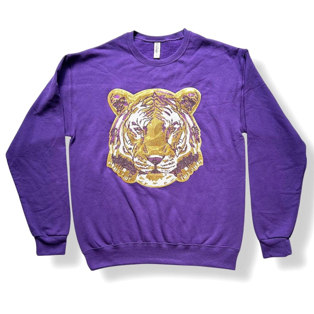 *SOLD* LSU Tiger Full Color Sequin Purple Crew Neck Sweatshirt size unisex M